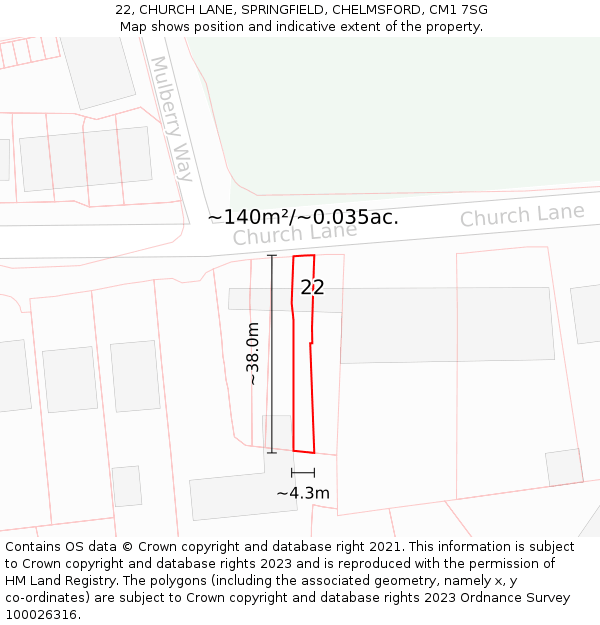 22, CHURCH LANE, SPRINGFIELD, CHELMSFORD, CM1 7SG: Plot and title map