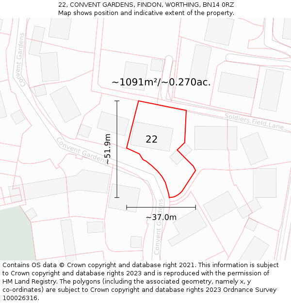 22, CONVENT GARDENS, FINDON, WORTHING, BN14 0RZ: Plot and title map