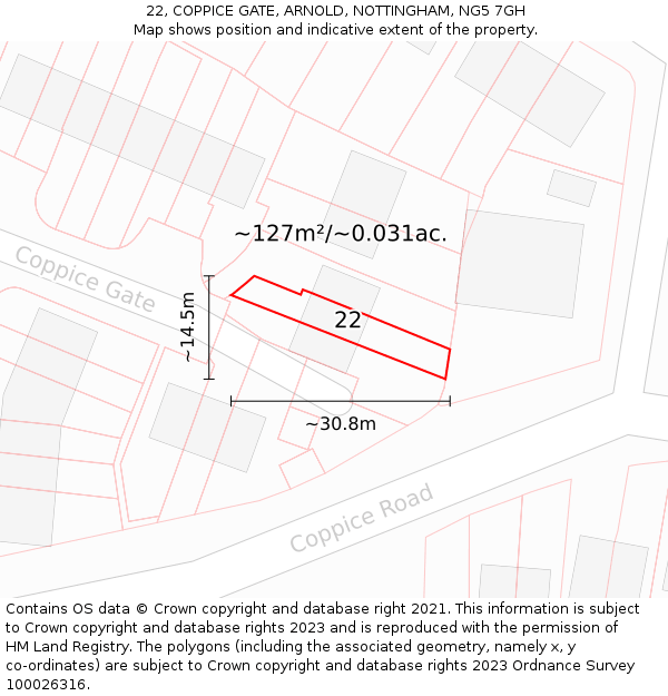 22, COPPICE GATE, ARNOLD, NOTTINGHAM, NG5 7GH: Plot and title map