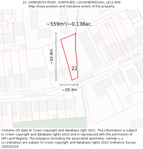 22, GARENDON ROAD, SHEPSHED, LOUGHBOROUGH, LE12 9NX: Plot and title map
