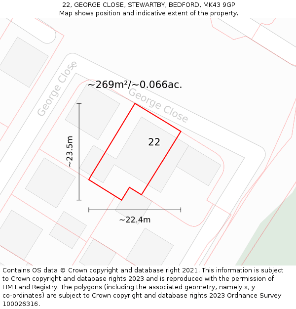 22, GEORGE CLOSE, STEWARTBY, BEDFORD, MK43 9GP: Plot and title map