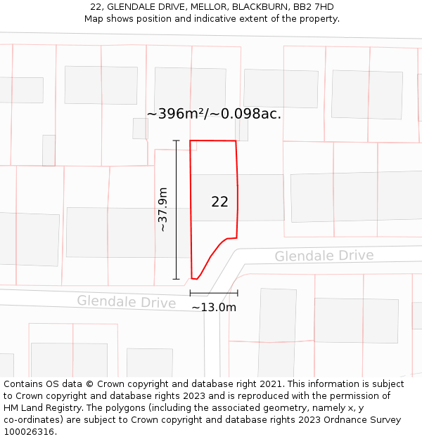 22, GLENDALE DRIVE, MELLOR, BLACKBURN, BB2 7HD: Plot and title map