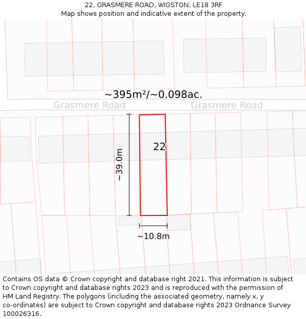 22, GRASMERE ROAD, WIGSTON, LE18 3RF: Plot and title map