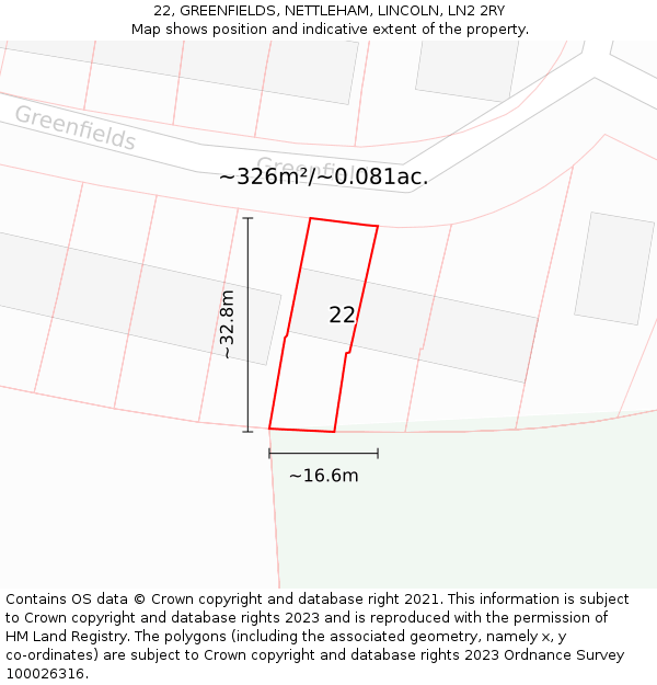 22, GREENFIELDS, NETTLEHAM, LINCOLN, LN2 2RY: Plot and title map