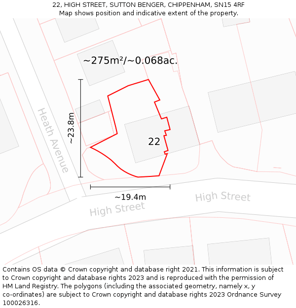22, HIGH STREET, SUTTON BENGER, CHIPPENHAM, SN15 4RF: Plot and title map
