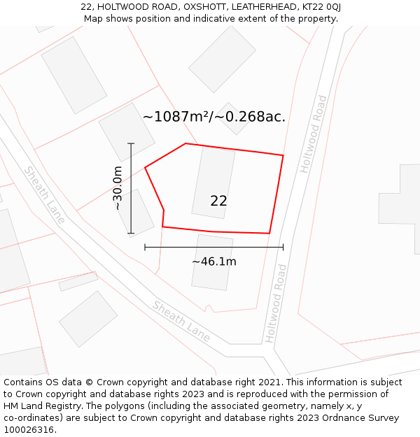 22, HOLTWOOD ROAD, OXSHOTT, LEATHERHEAD, KT22 0QJ: Plot and title map