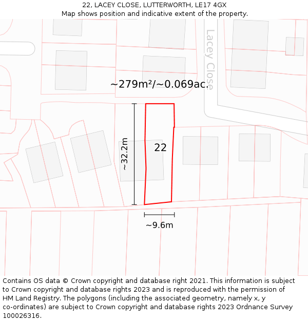 22, LACEY CLOSE, LUTTERWORTH, LE17 4GX: Plot and title map