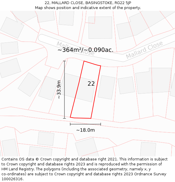 22, MALLARD CLOSE, BASINGSTOKE, RG22 5JP: Plot and title map