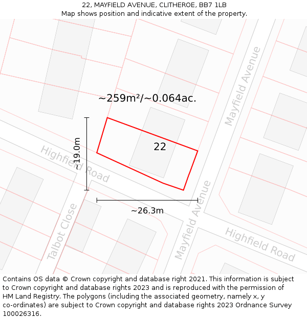 22, MAYFIELD AVENUE, CLITHEROE, BB7 1LB: Plot and title map