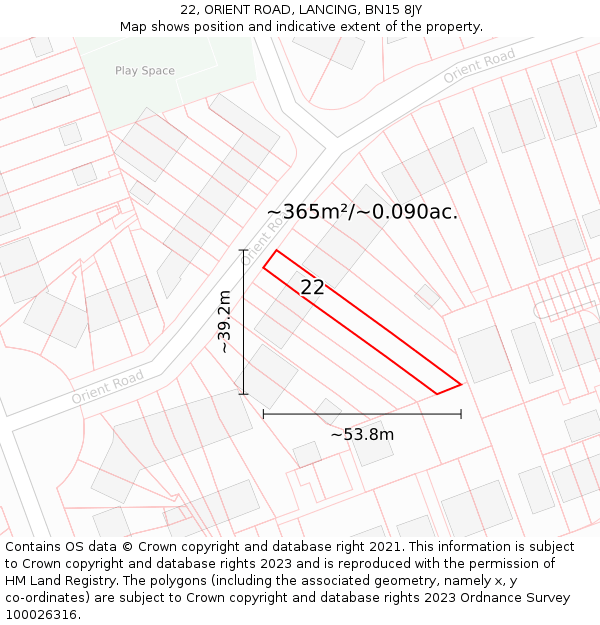 22, ORIENT ROAD, LANCING, BN15 8JY: Plot and title map