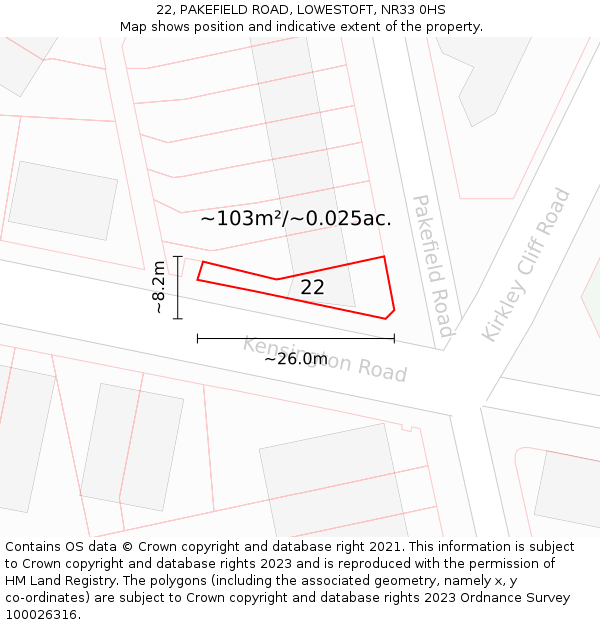 22, PAKEFIELD ROAD, LOWESTOFT, NR33 0HS: Plot and title map