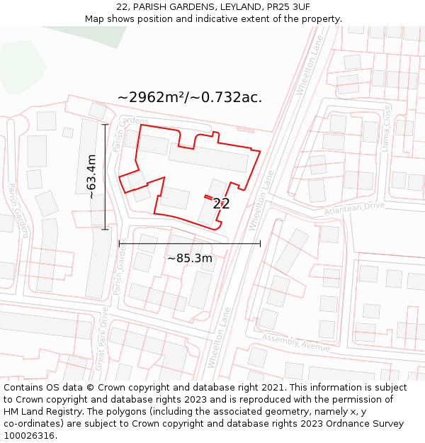 22, PARISH GARDENS, LEYLAND, PR25 3UF: Plot and title map