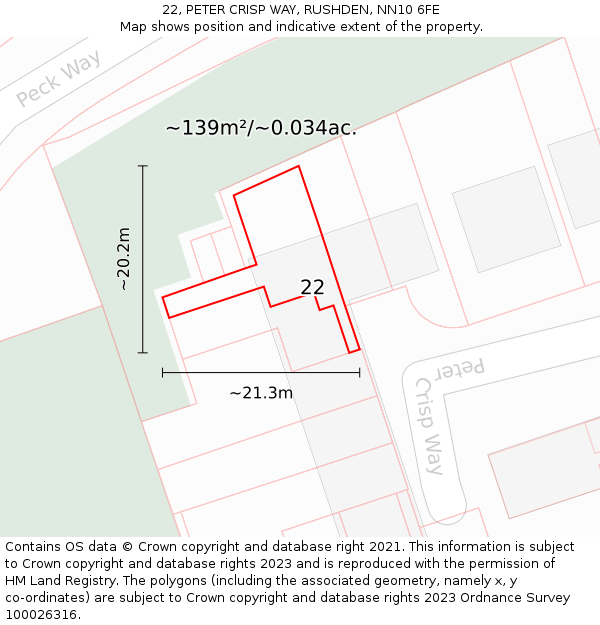 22, PETER CRISP WAY, RUSHDEN, NN10 6FE: Plot and title map
