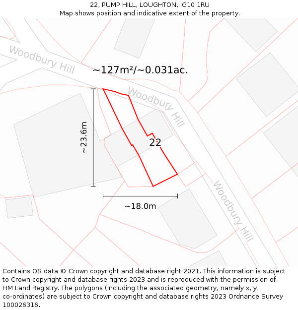 22, PUMP HILL, LOUGHTON, IG10 1RU: Plot and title map