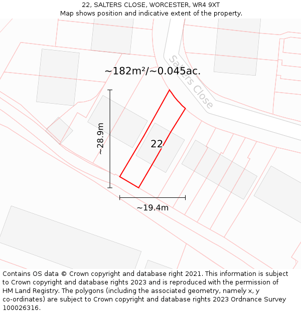 22, SALTERS CLOSE, WORCESTER, WR4 9XT: Plot and title map