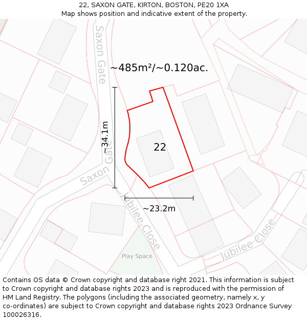 22, SAXON GATE, KIRTON, BOSTON, PE20 1XA: Plot and title map