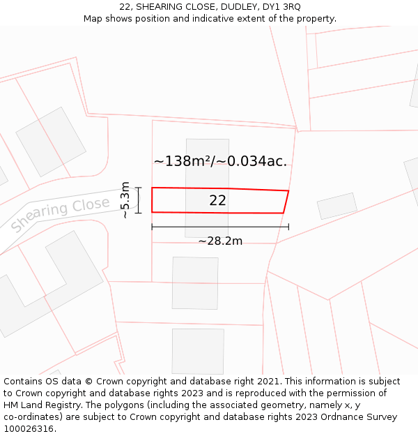 22, SHEARING CLOSE, DUDLEY, DY1 3RQ: Plot and title map
