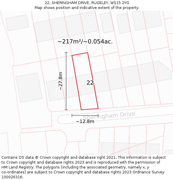 22, SHERINGHAM DRIVE, RUGELEY, WS15 2YG: Plot and title map
