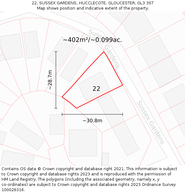 22, SUSSEX GARDENS, HUCCLECOTE, GLOUCESTER, GL3 3ST: Plot and title map