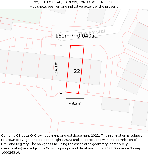 22, THE FORSTAL, HADLOW, TONBRIDGE, TN11 0RT: Plot and title map