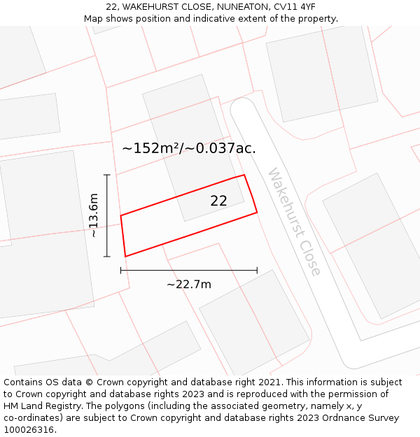 22, WAKEHURST CLOSE, NUNEATON, CV11 4YF: Plot and title map