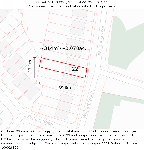 22, WALNUT GROVE, SOUTHAMPTON, SO16 4NJ: Plot and title map
