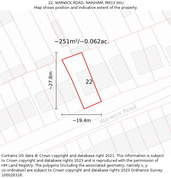 22, WARWICK ROAD, RAINHAM, RM13 9XU: Plot and title map