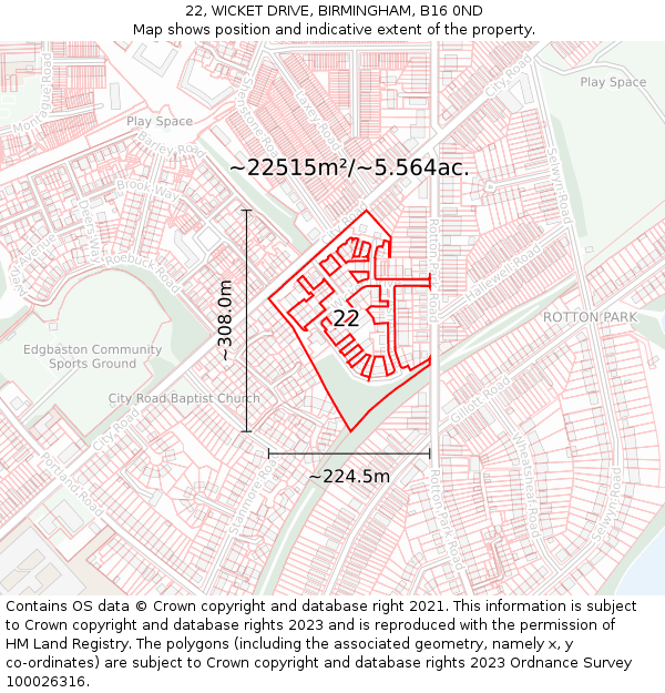 22, WICKET DRIVE, BIRMINGHAM, B16 0ND: Plot and title map