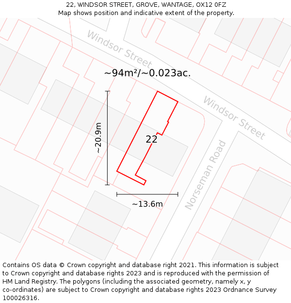 22, WINDSOR STREET, GROVE, WANTAGE, OX12 0FZ: Plot and title map