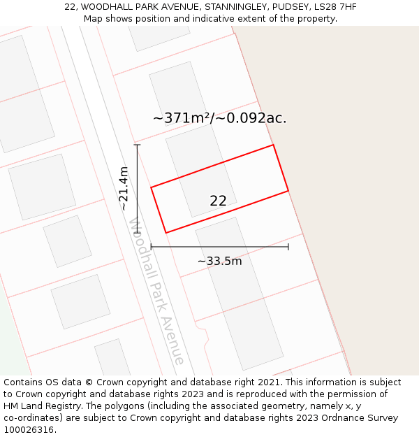 22, WOODHALL PARK AVENUE, STANNINGLEY, PUDSEY, LS28 7HF: Plot and title map