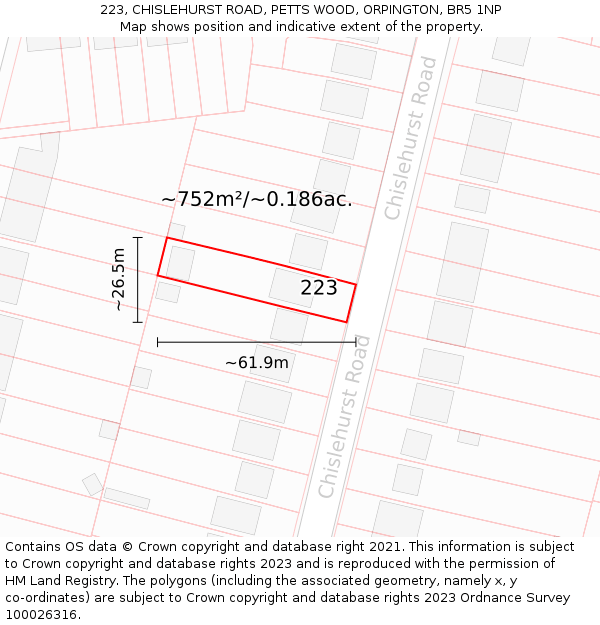 223, CHISLEHURST ROAD, PETTS WOOD, ORPINGTON, BR5 1NP: Plot and title map