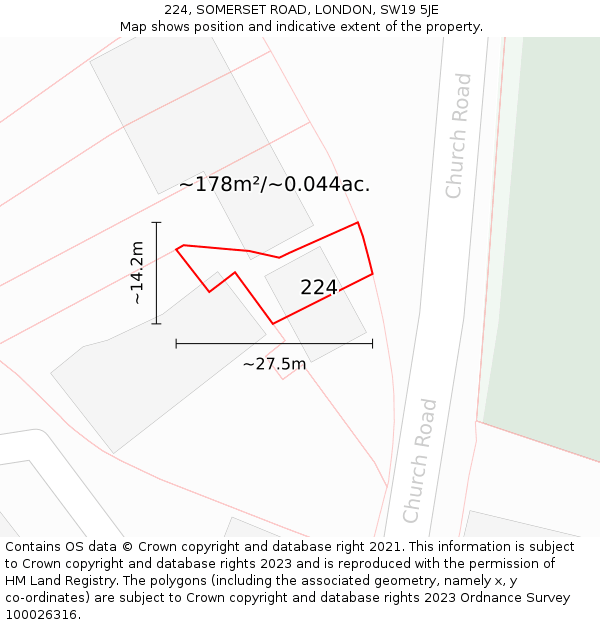 224, SOMERSET ROAD, LONDON, SW19 5JE: Plot and title map