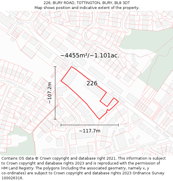 226, BURY ROAD, TOTTINGTON, BURY, BL8 3DT: Plot and title map