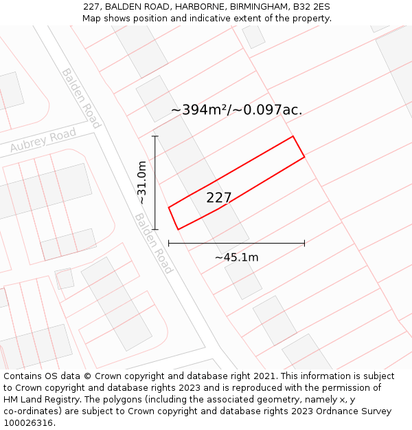 227, BALDEN ROAD, HARBORNE, BIRMINGHAM, B32 2ES: Plot and title map