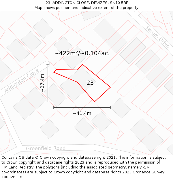 23, ADDINGTON CLOSE, DEVIZES, SN10 5BE: Plot and title map