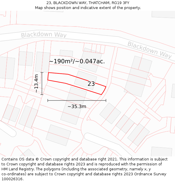 23, BLACKDOWN WAY, THATCHAM, RG19 3FY: Plot and title map