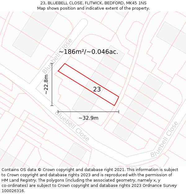 23, BLUEBELL CLOSE, FLITWICK, BEDFORD, MK45 1NS: Plot and title map