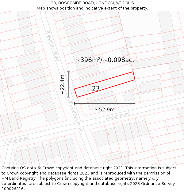 23, BOSCOMBE ROAD, LONDON, W12 9HS: Plot and title map