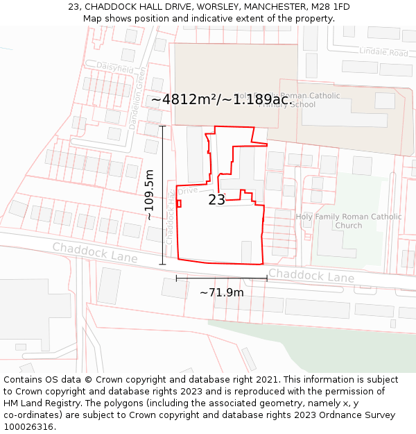 23, CHADDOCK HALL DRIVE, WORSLEY, MANCHESTER, M28 1FD: Plot and title map