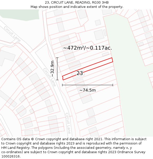 23, CIRCUIT LANE, READING, RG30 3HB: Plot and title map