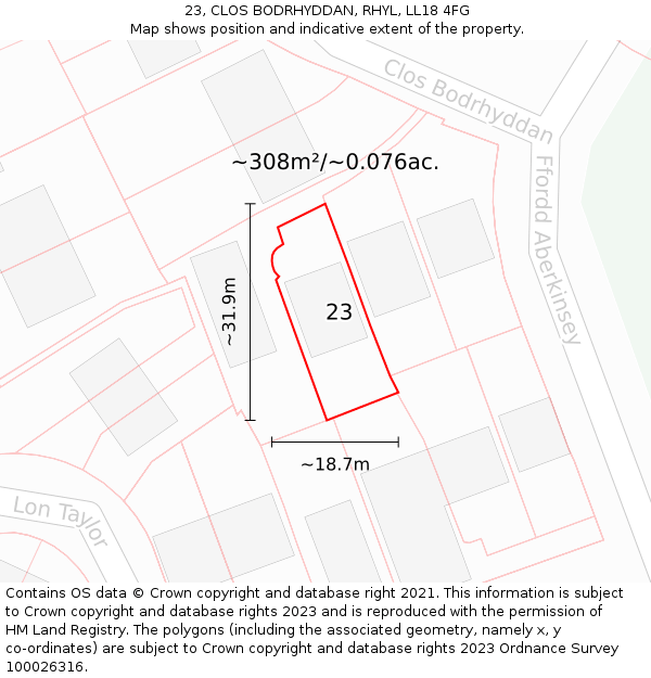 23, CLOS BODRHYDDAN, RHYL, LL18 4FG: Plot and title map