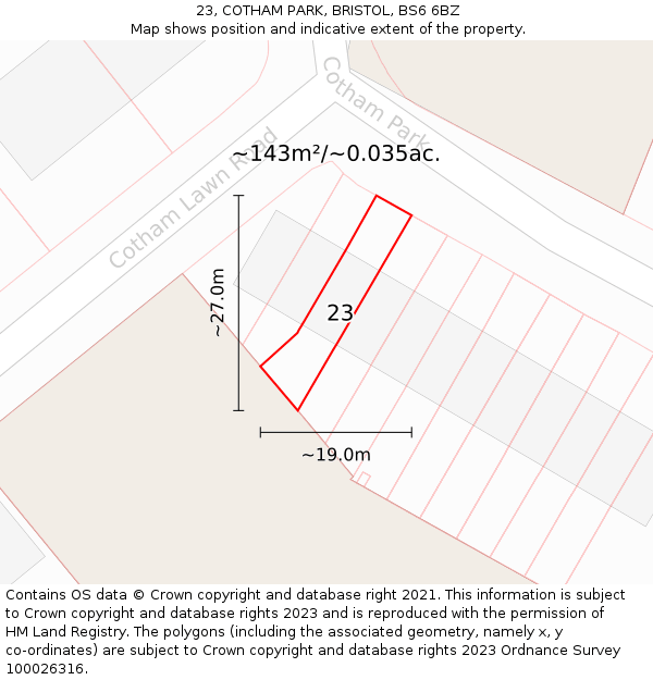 23, COTHAM PARK, BRISTOL, BS6 6BZ: Plot and title map