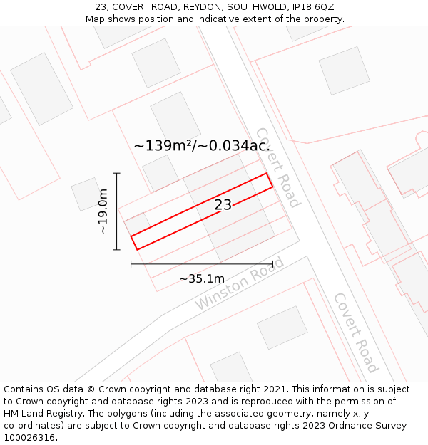 23, COVERT ROAD, REYDON, SOUTHWOLD, IP18 6QZ: Plot and title map