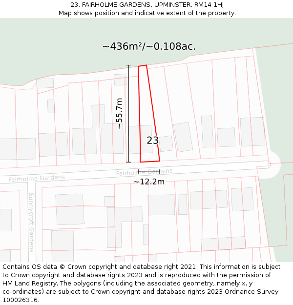 23, FAIRHOLME GARDENS, UPMINSTER, RM14 1HJ: Plot and title map