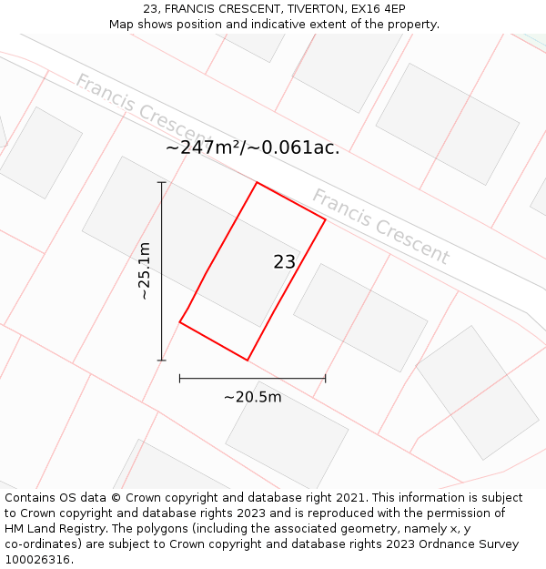 23, FRANCIS CRESCENT, TIVERTON, EX16 4EP: Plot and title map