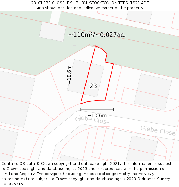 23, GLEBE CLOSE, FISHBURN, STOCKTON-ON-TEES, TS21 4DE: Plot and title map