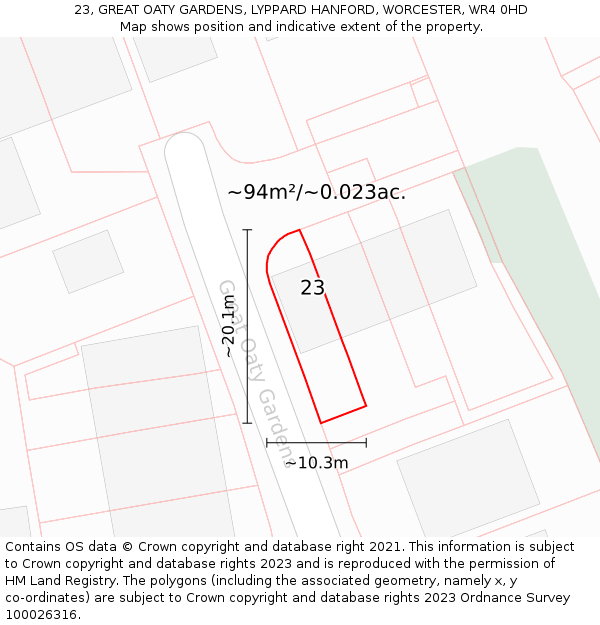 23, GREAT OATY GARDENS, LYPPARD HANFORD, WORCESTER, WR4 0HD: Plot and title map