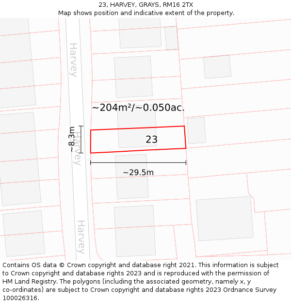 23, HARVEY, GRAYS, RM16 2TX: Plot and title map