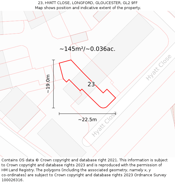23, HYATT CLOSE, LONGFORD, GLOUCESTER, GL2 9FF: Plot and title map