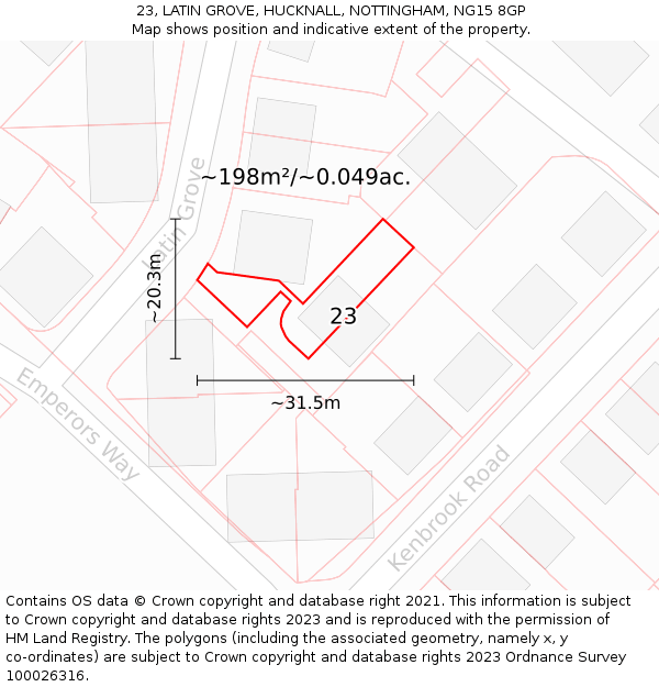 23, LATIN GROVE, HUCKNALL, NOTTINGHAM, NG15 8GP: Plot and title map